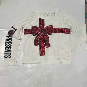 Justice NWT 18.5 I Heart Presents Sequin Cream Long Sleeve Girly Casual Holiday